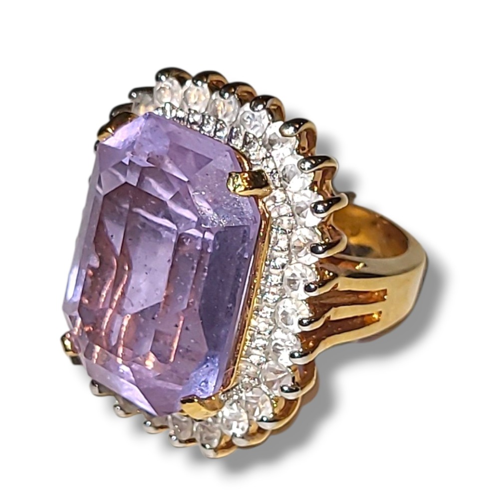 Vintage Purple CZ‎ Halo Cocktail Ring 14K Gold Plated Statement Ring Sz 4